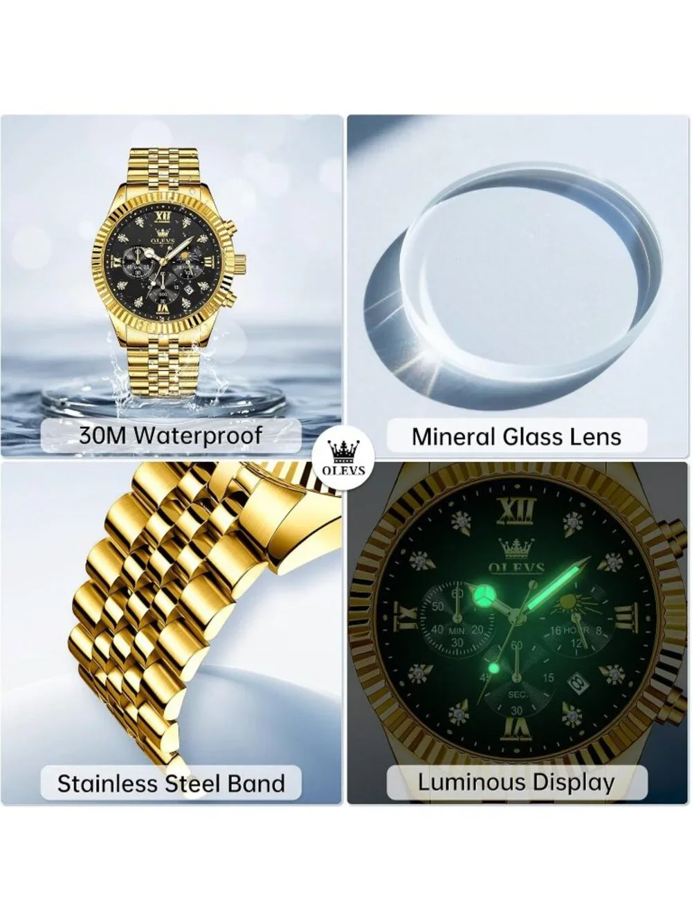 Men's Black Gold Diamond Stainless Steel Waterproof Roman Numbers Classic Watch
